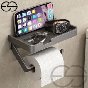 Metal Suporte Porta Papel Higiênico Preto e Suporte para Celular Com Adesivo Fixo na Parede